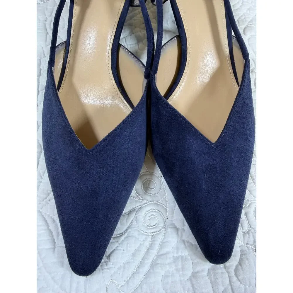 POL Women Blue 8.5 Suede Kitten Heel Slip On Dress Shoes Classic Comfort Pumps